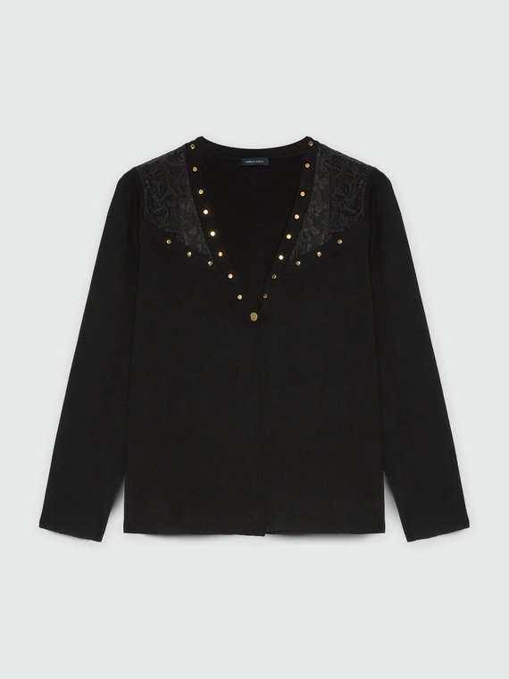 Cardigan con borchie e dettaglio in pizzo