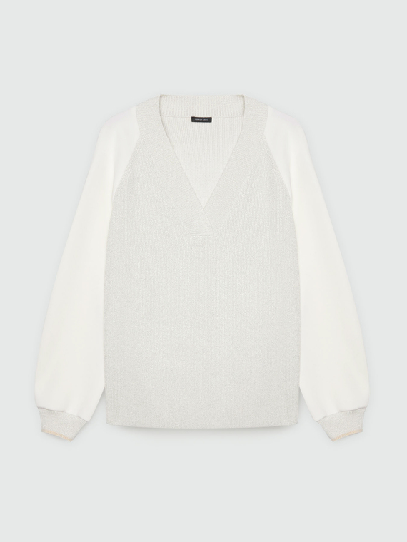 Soft-touch V-neck sweater with lurex trims