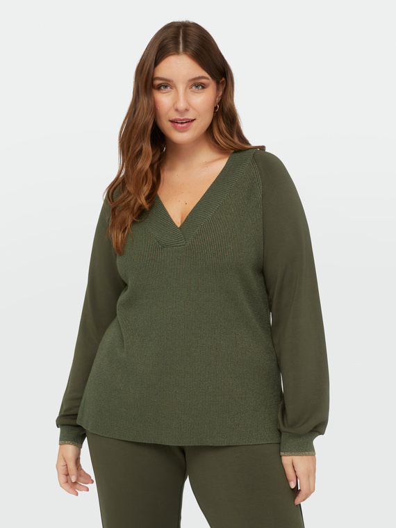 Soft-touch V-neck sweater with lurex trims