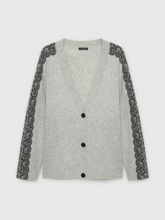 Cardigan misto lana con stampa pizzo sulle maniche