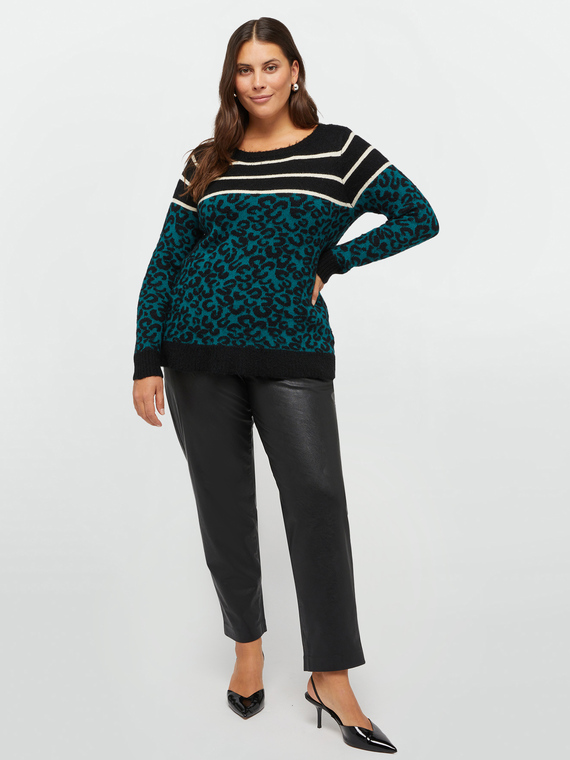 Animal print sweater with striped edges