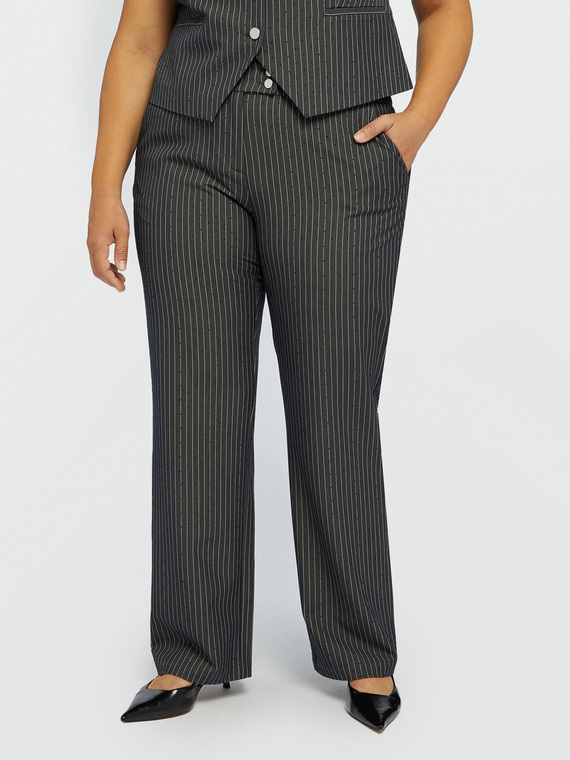 Straight-leg pinstriped trousers with rhinestones