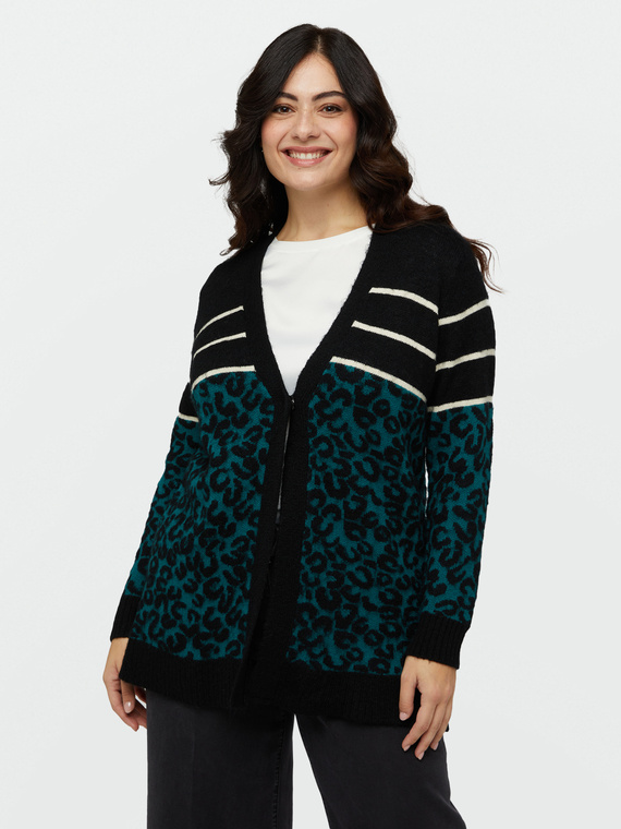 Cardigan lungo animalier con parte sopra a righe