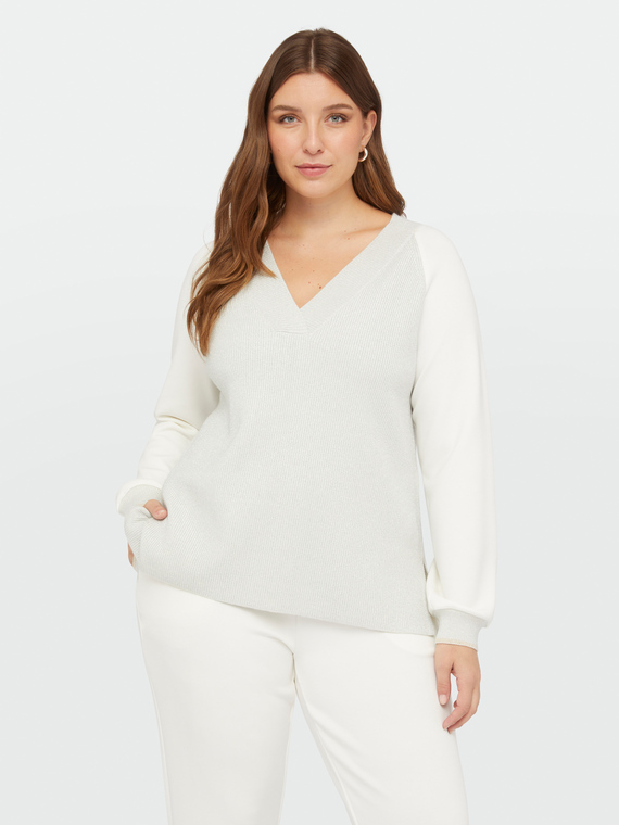 Soft-touch V-neck sweater with lurex trims