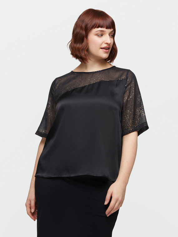 Blusa in due tessuti con stampa dorata