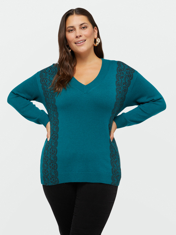 Sweater with printed trims and V-neck