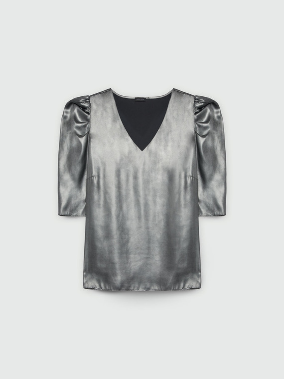 Coated fabric blouse with v-neck