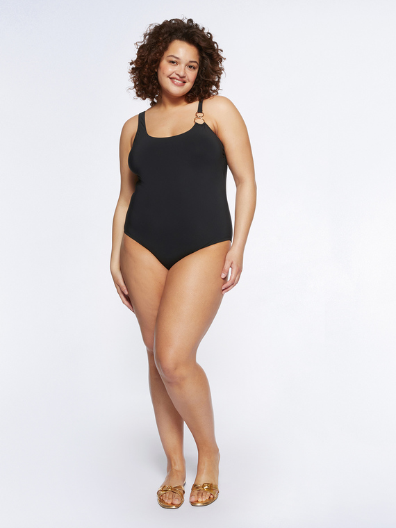 One-piece swimsuit with metal loops