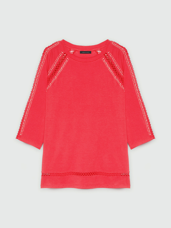 T-shirt with studs and mesh trim