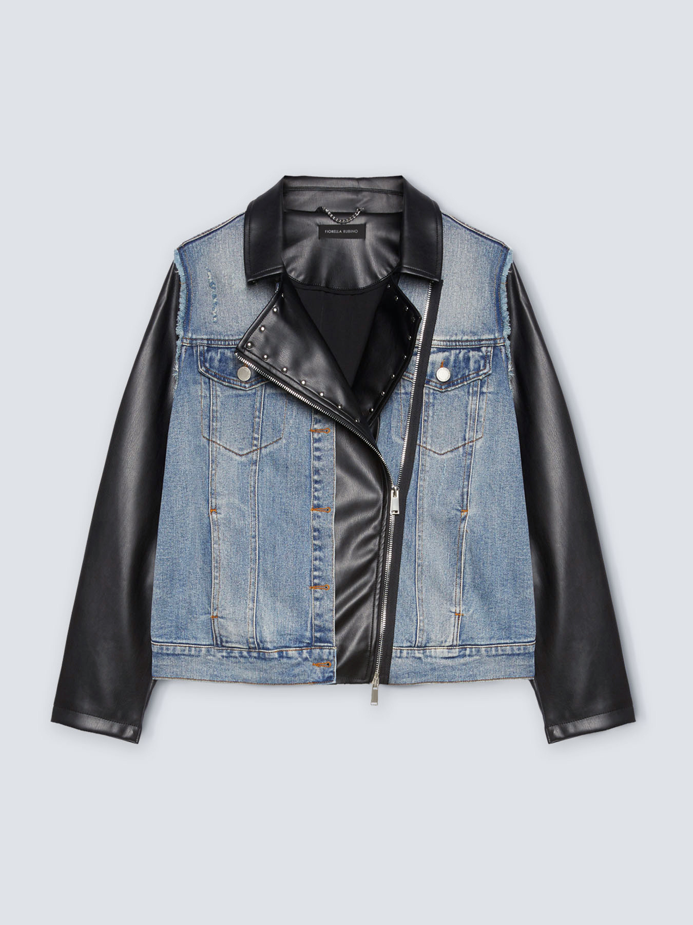 Denim jacket with faux shops leather sleeves