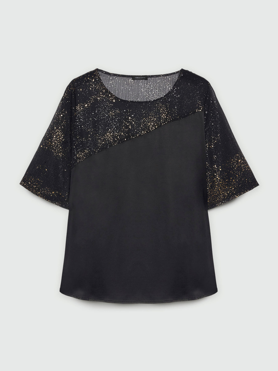 Blusa in due tessuti con stampa dorata