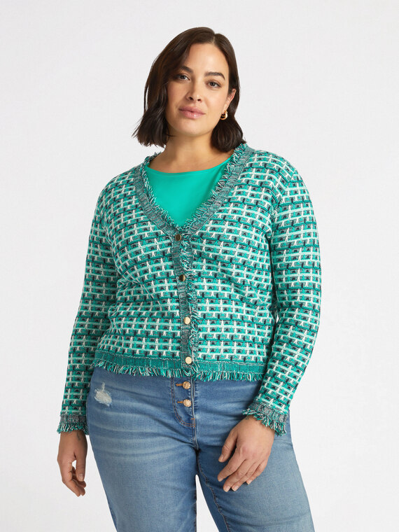 Cardigan in tessuto intrecciato e frange
