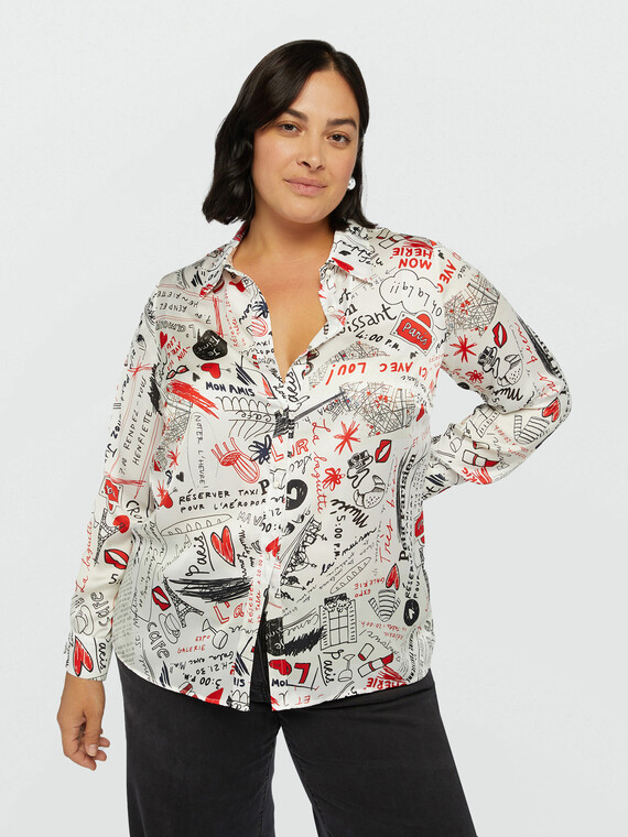 Satin shirt with all-over lettering print