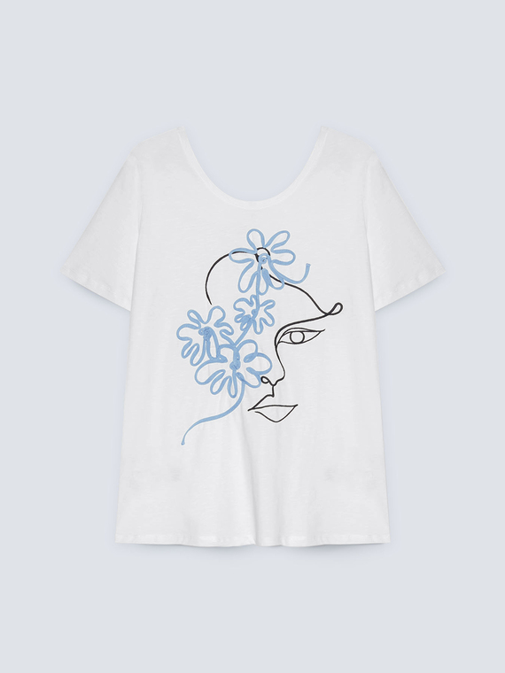 Camiseta bordada con flores y cara