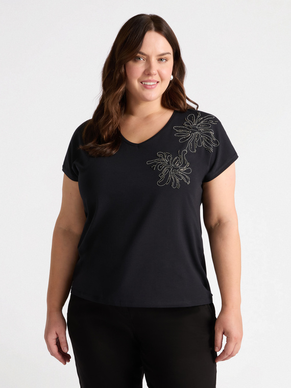 T-shirt bimaterica con ricamo floreale