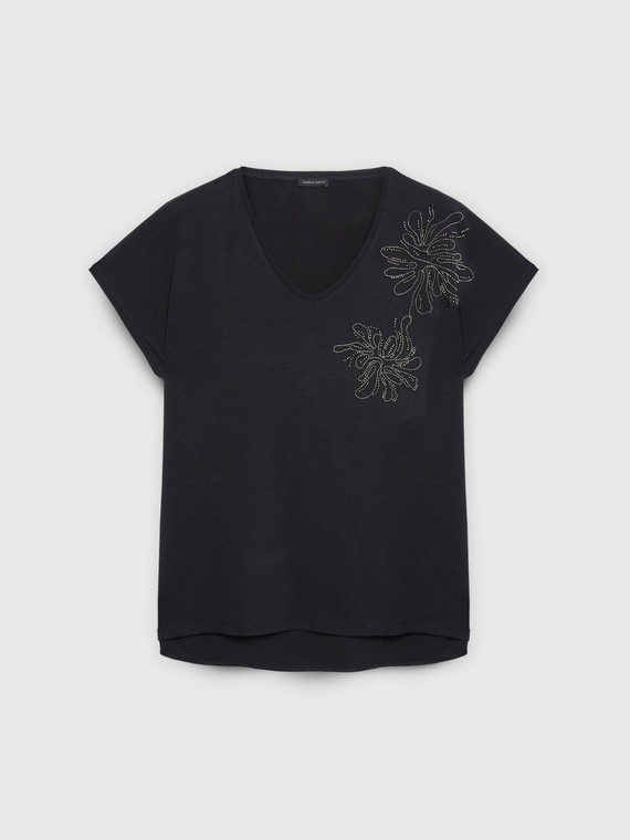 T-shirt bimaterica con ricamo floreale