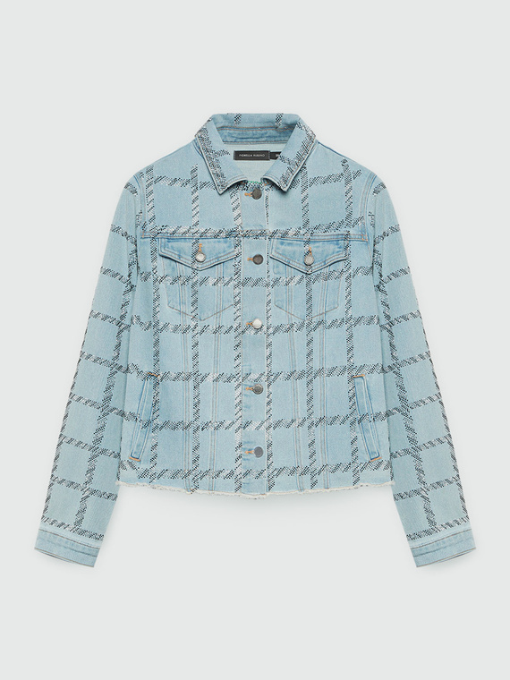 Blouson en denim avec strass dessin Prince de Galles