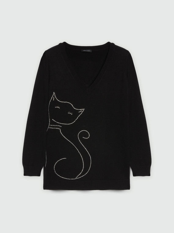 Maglia con disegno gatto in strass in viscosa LENZING™ ECOVERO™